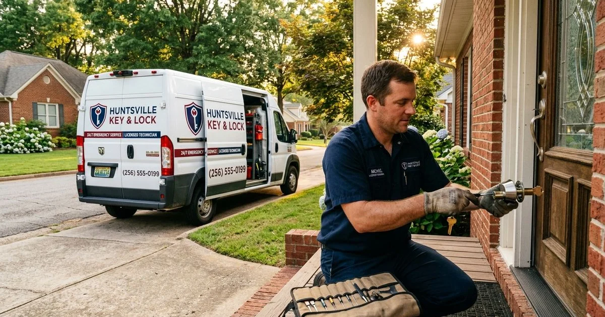 Branded marked locksmith service van with a licensed technician in uniform