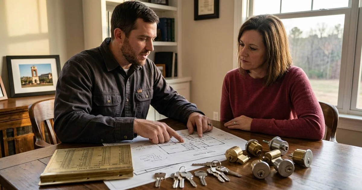 Business owner reviewing a door access plan with a locksmith