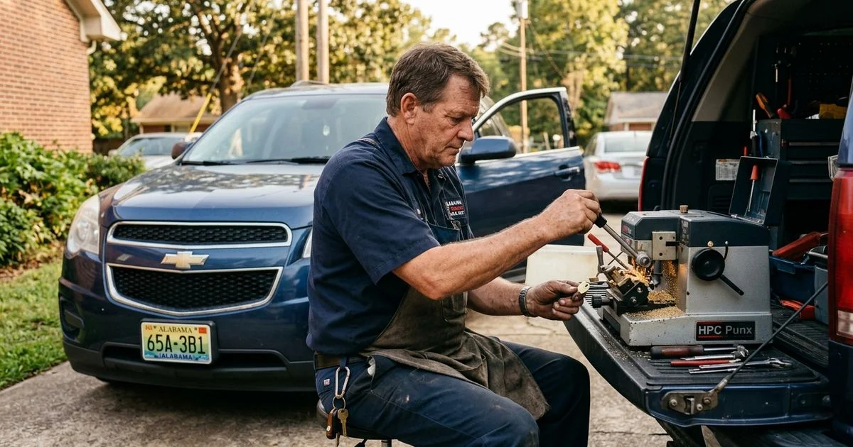 Locksmith cutting a new car key from a blank using VIN and key code