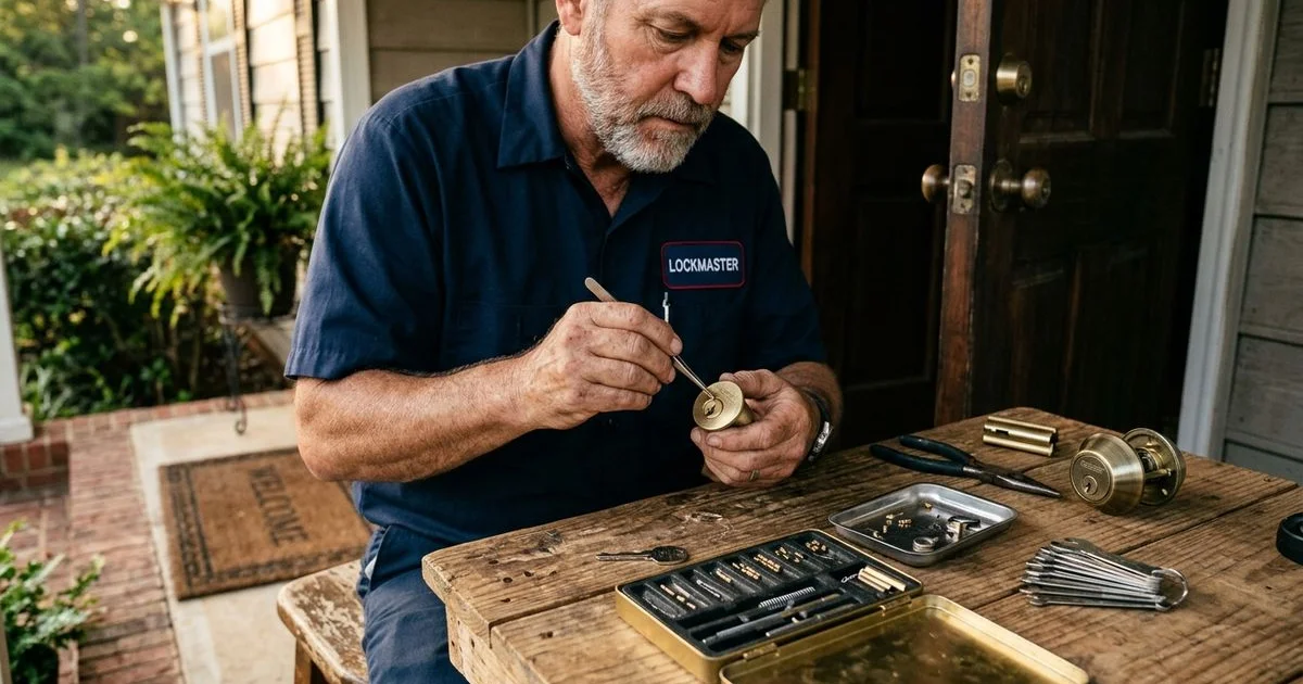 Locksmith rekeying a deadbolt cylinder with a pinning kit on a workbench