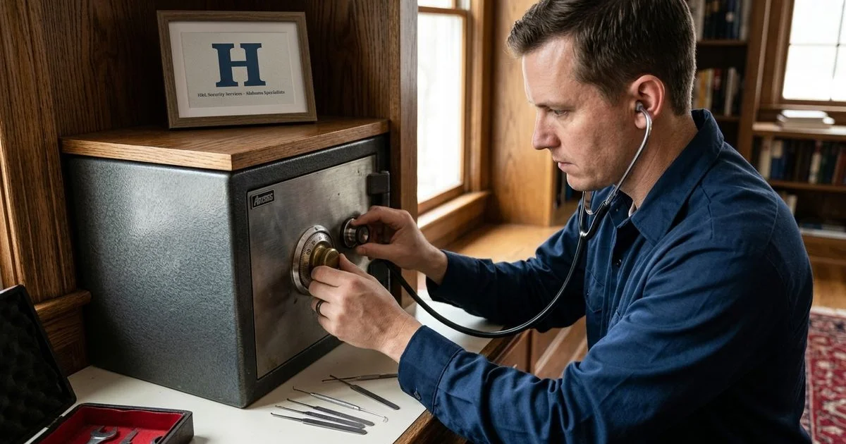 Locksmith working on a dial-lock home safe with manipulation tools