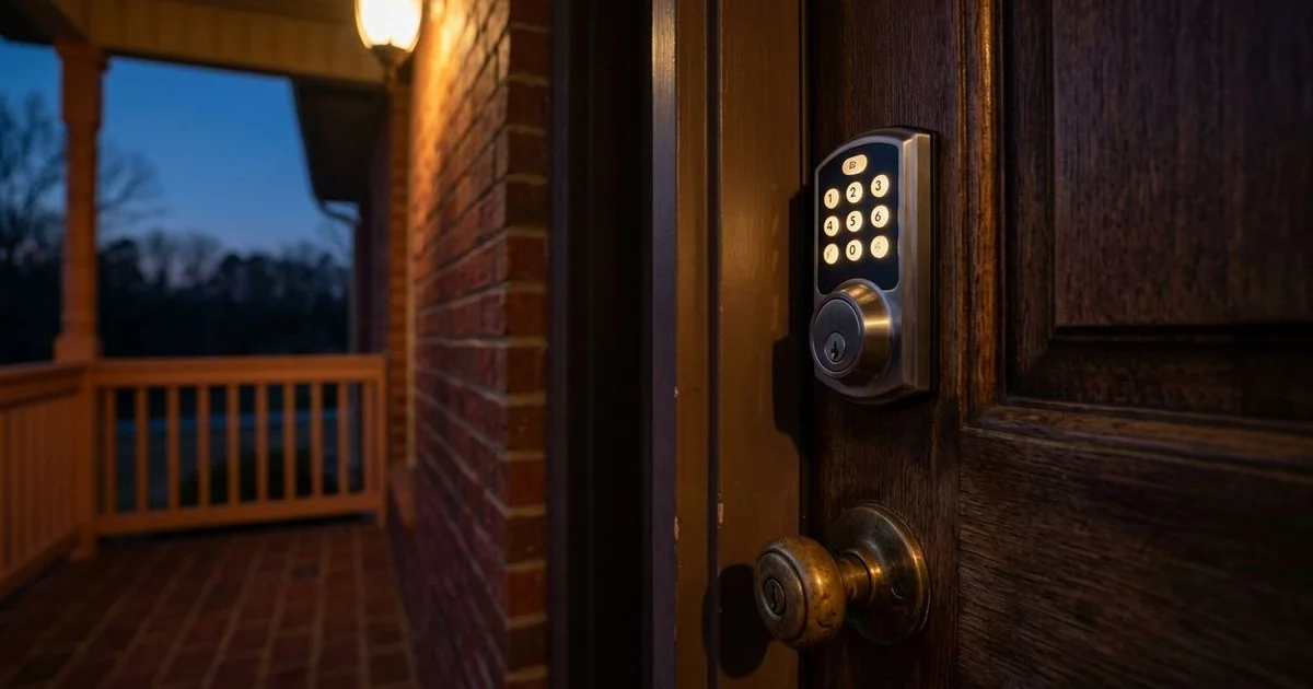 Modern smart deadbolt installed on a home door with illuminated keypad at dusk