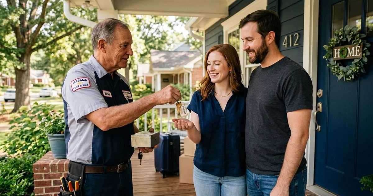 New Madison homeowners receiving rekeyed house keys from a locksmith