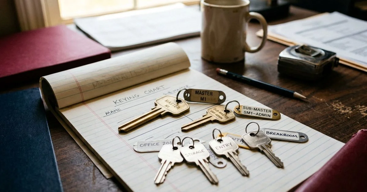 Set of labeled master and sub-master keys on a commercial keying chart