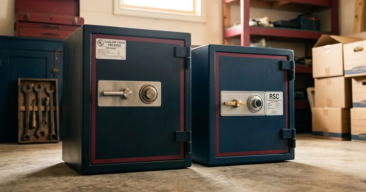 Two safes side by side with UL fire and burglary rating labels