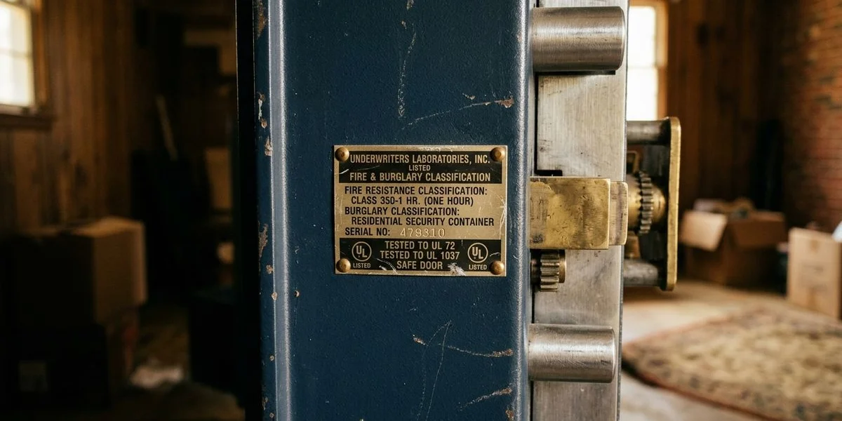 Close-up of a UL rating label on a safe door