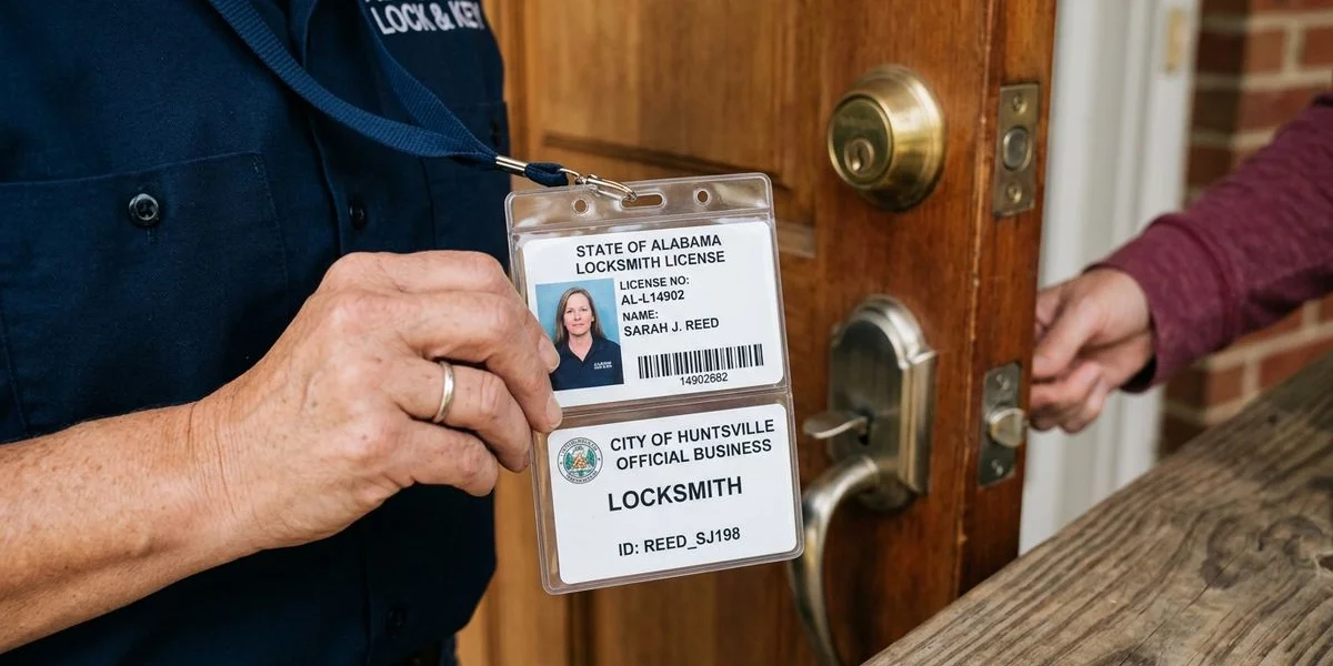 Close-up of a locksmith's license and ID badge