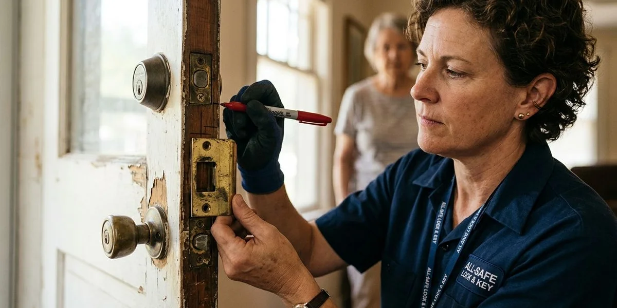 Locksmith inspecting a worn strike plate during a free safety check