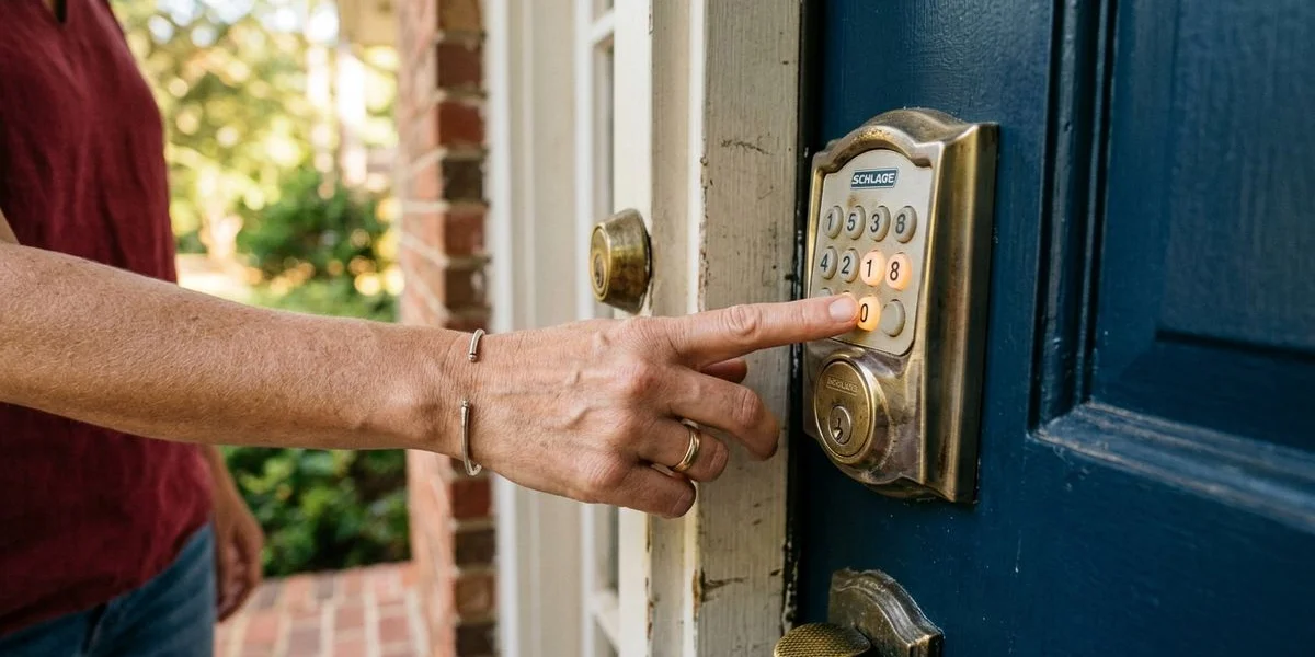 Hand entering a code on a keypad door lock