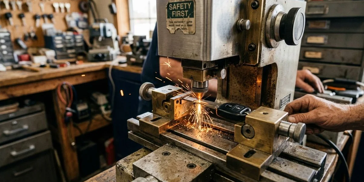 Precision key cutting machine producing a new car key