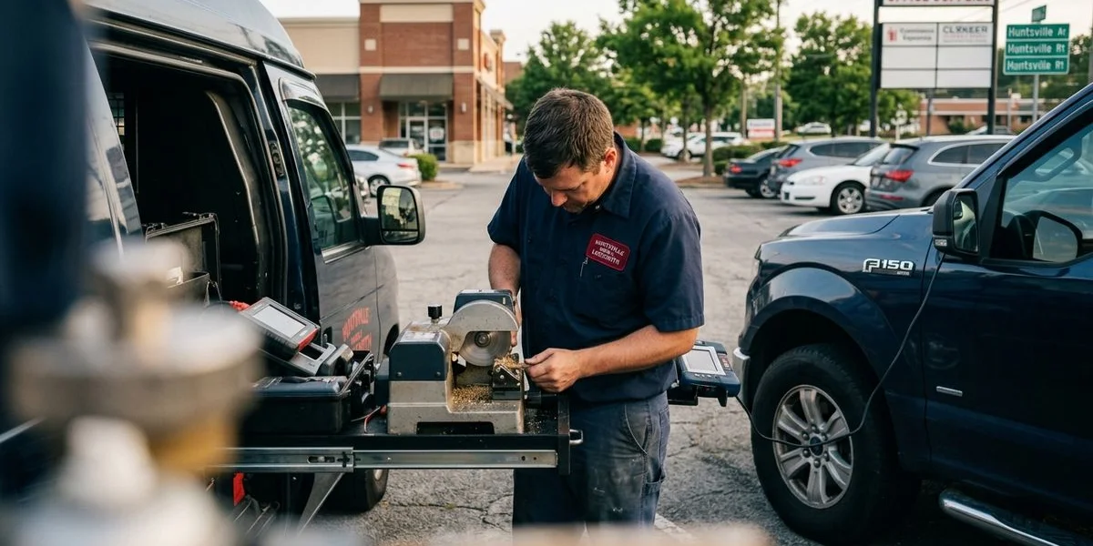 Mobile locksmith programming a transponder key at a customer's vehicle in Huntsville