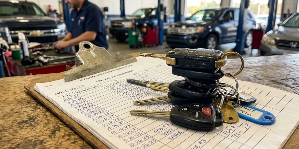 Programmed key fobs and VIN log sheet at a dealership