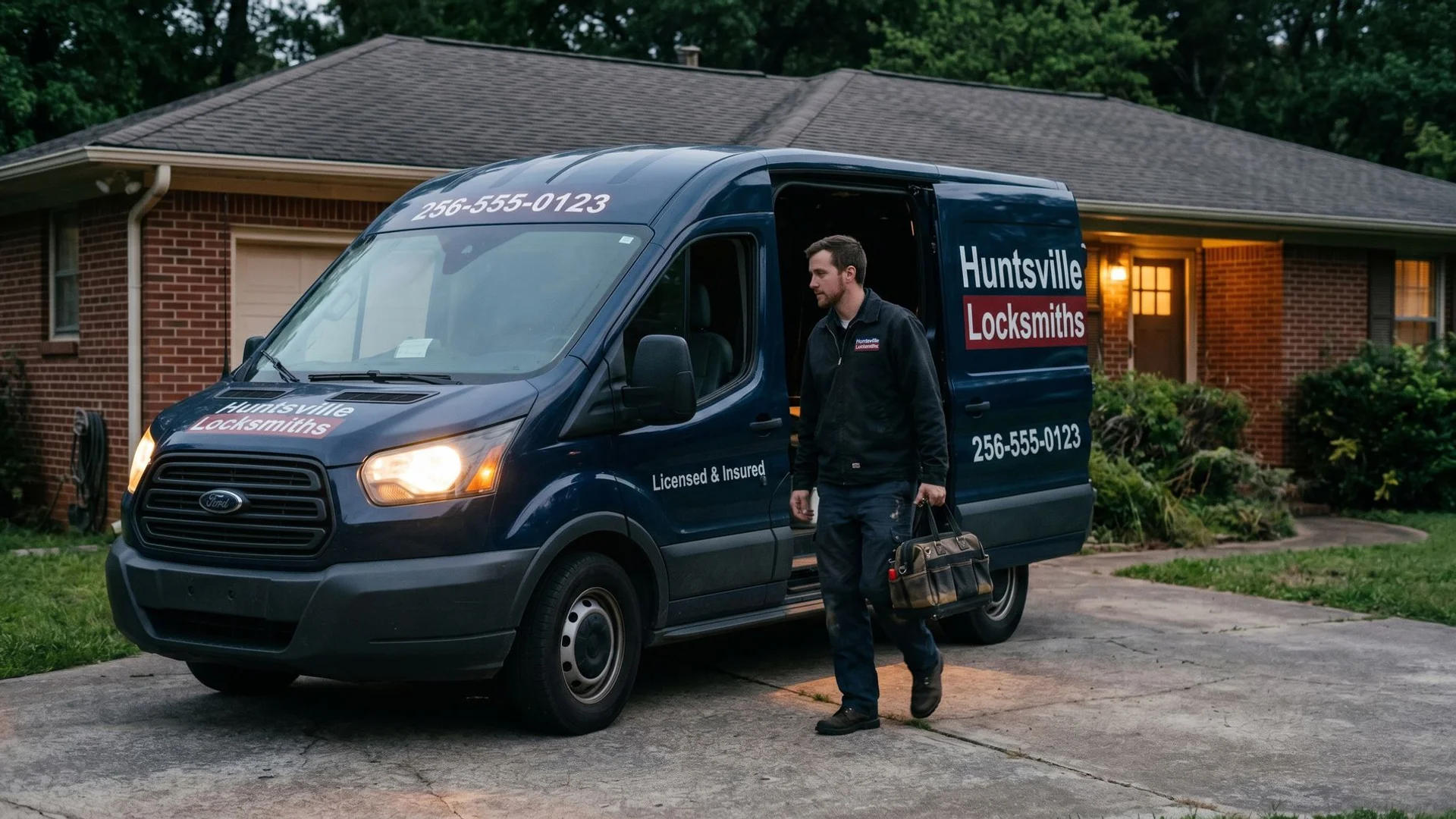 Branded Huntsville Locksmiths service van at a Madison home in the evening
